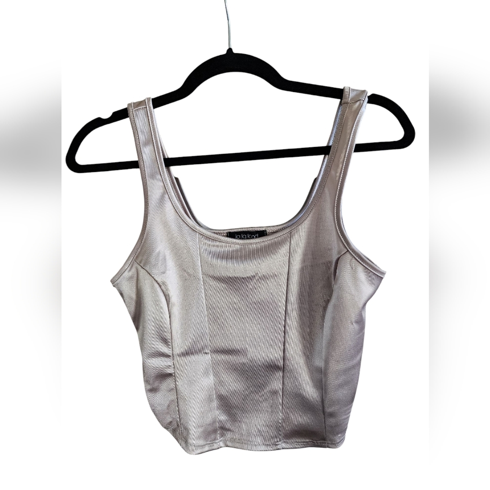 Elegant Metallic Light Pink Crop Top, Size Medium